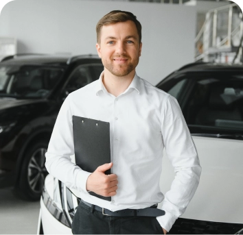 Een man in een wit overhemd staat met een klembord in zijn hand zelfverzekerd te glimlachen in een autoshowroom. Op de achtergrond zijn twee auto’s te zien, wat een professionele uitstraling geeft.